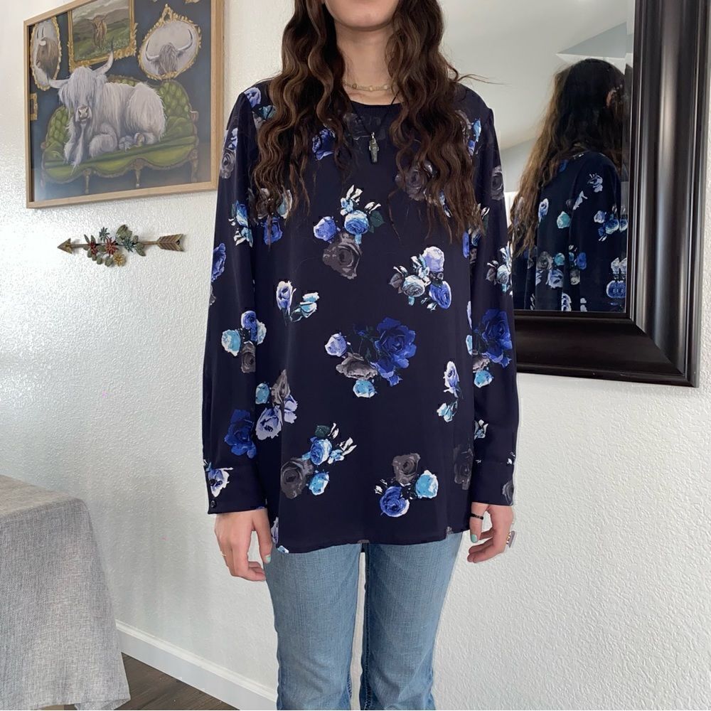 Thakoon Floral Print Round Neck Long Sleeve Pullover Sweatshirt Blue Combo Large - Picture 2 of 9